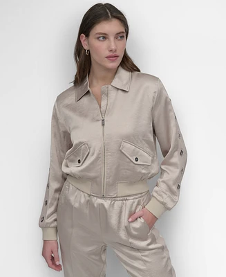 Dkny Women's Long-Grommet-Trim-Sleeve Satin Bomber Jacket