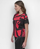 Dkny Women's Printed Crewneck Chiffon-Short-Sleeve Top