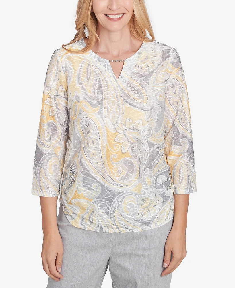 Alfred Dunner Petite Dress Code Textured Paisley Beaded Neck Top