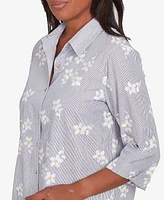 Alfred Dunner Petite Dress Code Flower Embroidered Button Down Striped Top