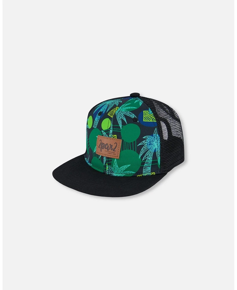 Deux par Deux Baby Boys Printed Cap Green Jungle On Black