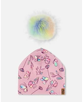 Deux par Deux Baby Girls Printed Jersey Detachable Pompom Hat Lilac And Multicolored Butterfly