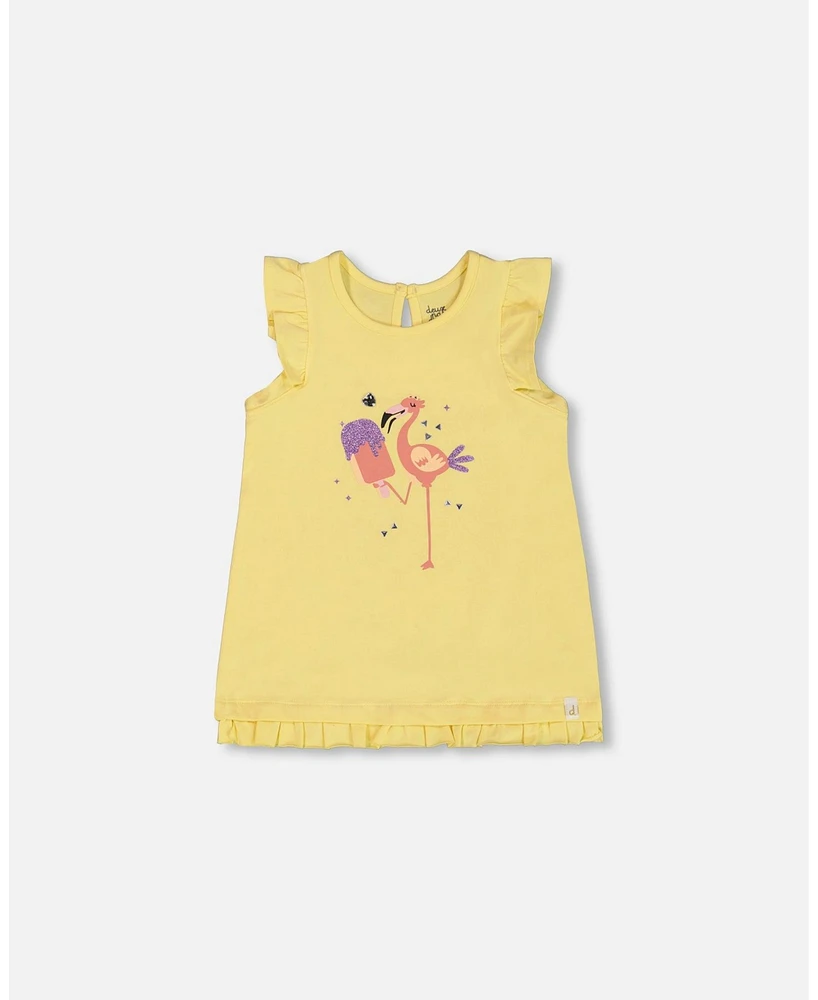 Deux par Big Girls Organic Cotton Tunic With Frill And Print Yellow Flamingo