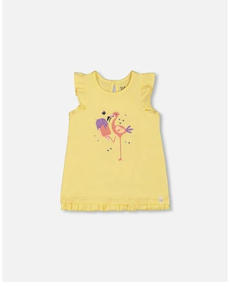 Deux par Big Girls Organic Cotton Tunic With Frill And Print Yellow Flamingo