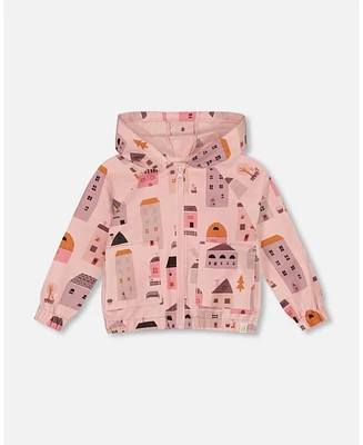 Deux par Toddler Girls Printed French Terry Hoodie Cardigan Pink And Coral Houses - Toddler|Child