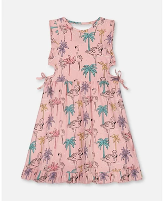 Deux par Toddler Girls Printed Organic Cotton Dress With Cut Outs Palm Trees, Pink Flamingo, And Turquoise - Toddler|Child