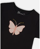 Deux par Toddler Girls Organic Cotton Top With Applique Black And Pink Butterfly - Toddler|Child