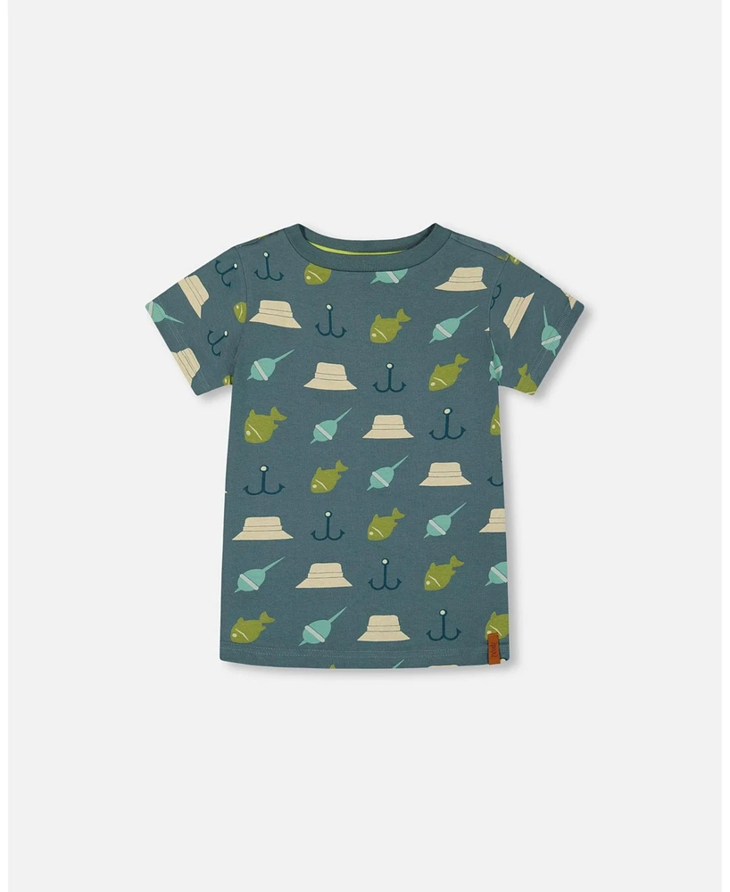 Deux par Big Boys Printed Organic Cotton Tee Teal And Peach