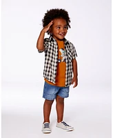 Deux par Big Boys Short Sleeve Button Down Shirt Black And Beige Plaid