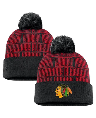 Fanatics Men's Black/Red Chicago Blackhawks Fundamental Empty Net Cuffed Knit Hat with Pom