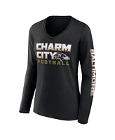 Fanatics Women's Black Baltimore Ravens Hometown Sweep Long Sleeve V-Neck T-Shirt