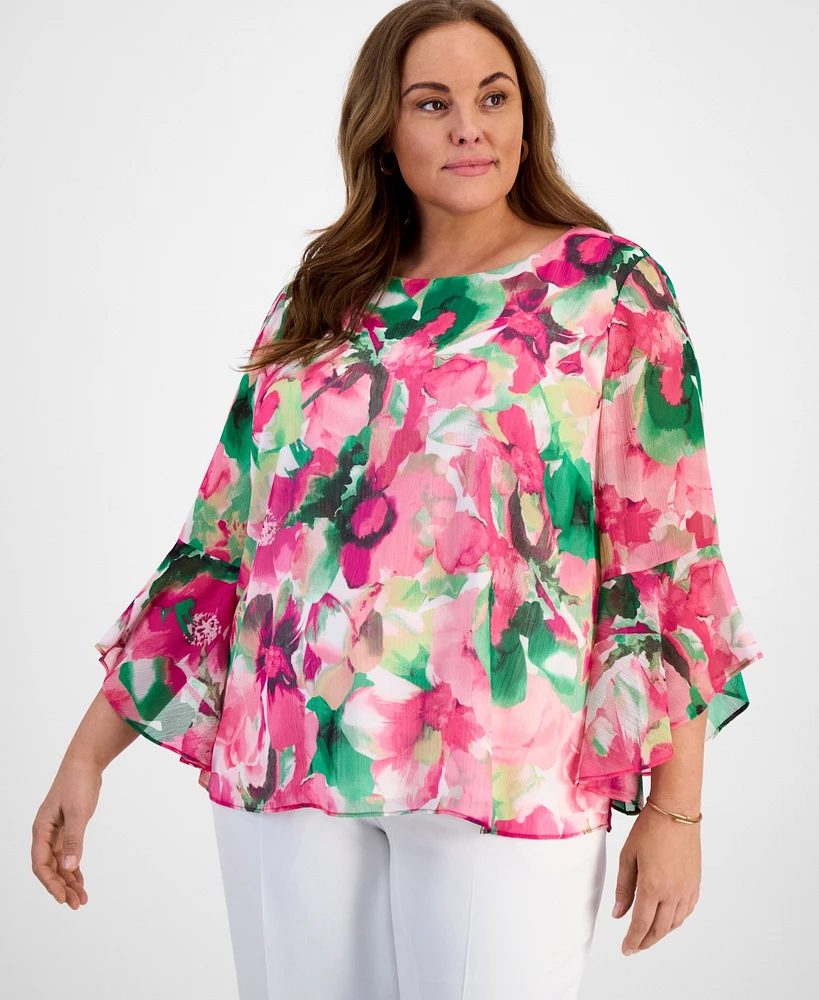 Kasper Plus Floral-Print Bell-Sleeve Blouse