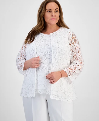 Kasper Plus Lace Open-Front Cardigan