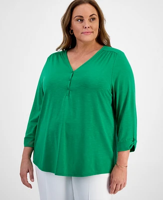 Kasper Plus Draped 3/4-Sleeve Henley Top