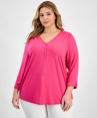 Kasper Plus Size Draped 3/4-Sleeve Henley Top