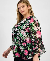 Kasper Plus Size Floral-Print Ruffle-Sleeve Blouse