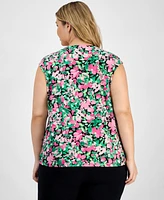 Kasper Plus Size Floral Keyhole-Neck Cap-Sleeve Top