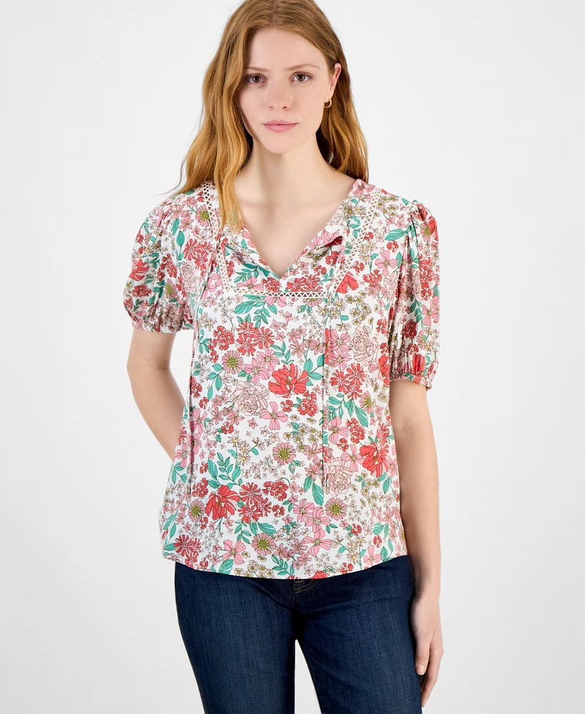 Tommy Hilfiger Women's Floral Tie-Neck Puff-Sleeve Top