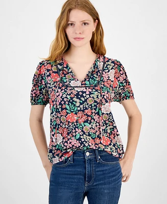 Tommy Hilfiger Women's Floral Tie-Neck Puff-Sleeve Top