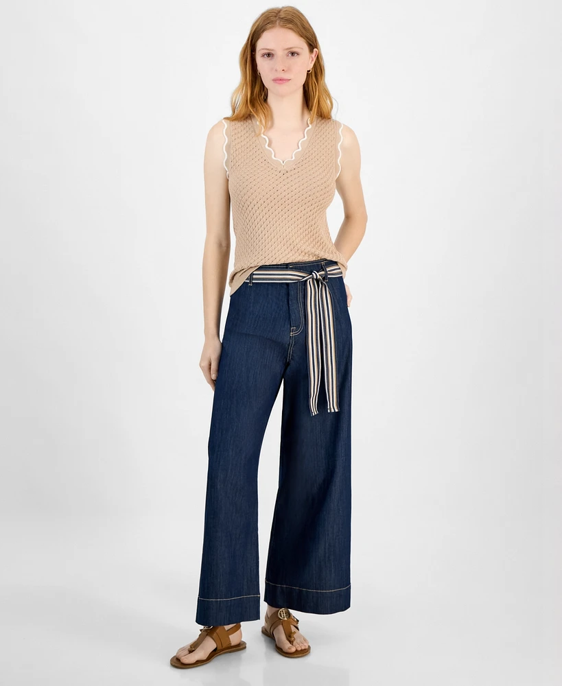 Tommy Hilfiger Women's Belted High Rise Wide-Leg Jeans
