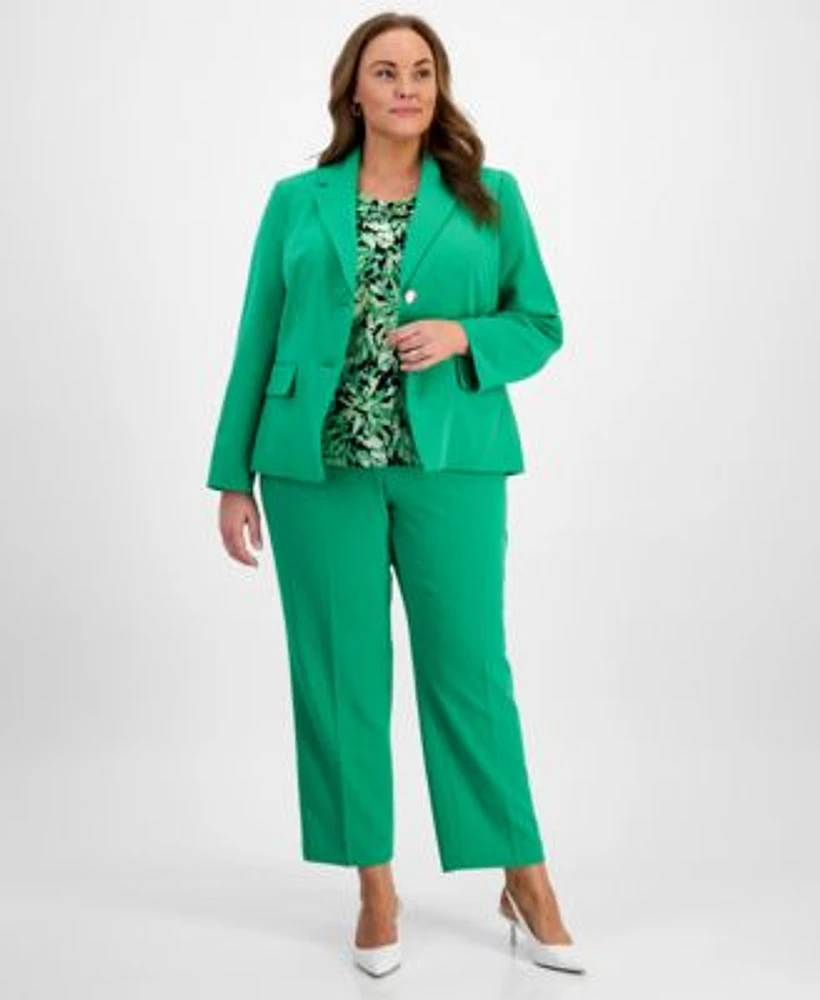 Kasper Plus Size Notched Collar Blazer Printed Cap Sleeve Top Straight Fit Suit Pants