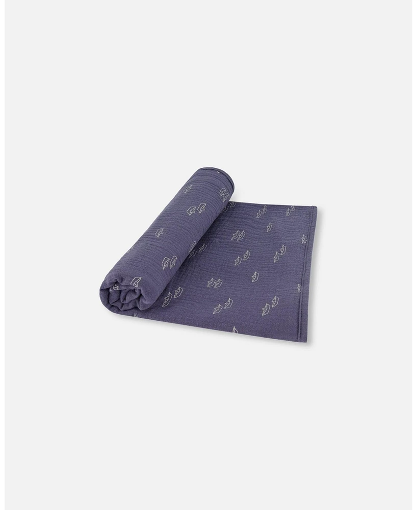 Deux par Deux Baby Boy Printed Muslin Blanket Navy Blue Paper Boats - Infant|Toddler