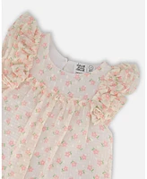 Deux par Big Girls Printed Dress With Frills Pale Pink And Flowers