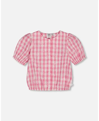 Deux par Toddler Girls Puff Sleeve Top Pink And White Checks - Toddler|Child