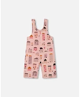 Deux par Big Girls Printed French Terry Overalls Pink And Coral Houses