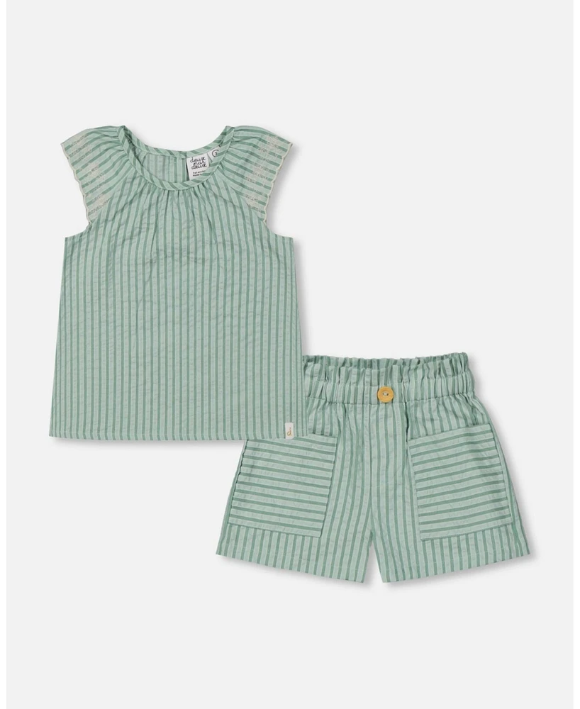 Deux par Toddler Girls Chambray Blouse And Short Set Mint Green Striped - Toddler|Child