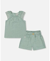 Deux par Toddler Girls Chambray Blouse And Short Set Mint Green Striped - Toddler|Child