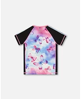 Deux par Girls Printed Short Sleeve Athletic Top Pink, Black And Butterfly