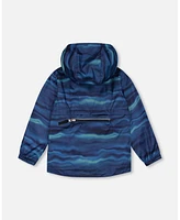 Deux par Boys Printed Packable Windbreaker Blue Wave And Black