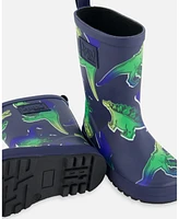 Deux par Little Boys Printed Rain Boots Blue And Green Dino On Navy - Toddler|Child