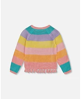 Deux par Big Girls Cotton Sweater With Fringe Multicolor Stripes