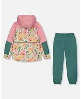 Deux par Big Girls Two-Piece Mid-Season Outerwear Set Sage, Pink, And Flowers On Beige