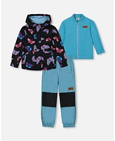 Deux par Deux Little Girls 3-In-1 Mid-Season Outerwear Set With Printed Jacket Light Blue And Multicolored Butterflies - Toddler|Child