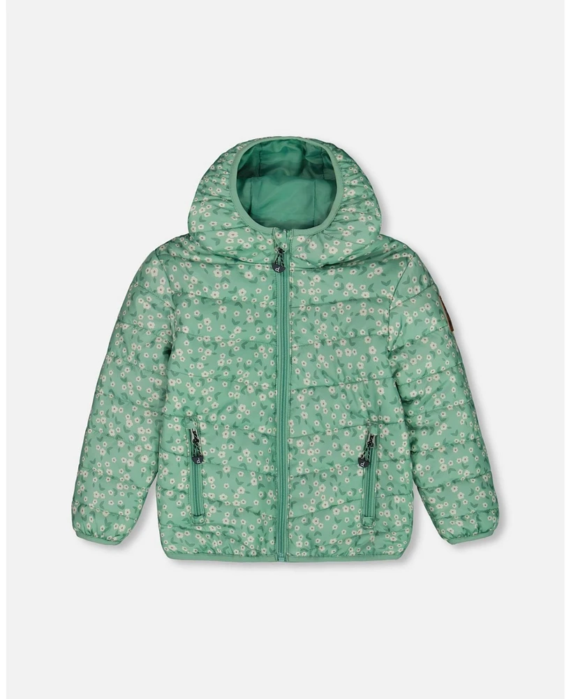 Deux par Toddler Girls Printed Quilted Mid-Season Jacket Small White Flowers On Sage Green Background - Toddler|Child