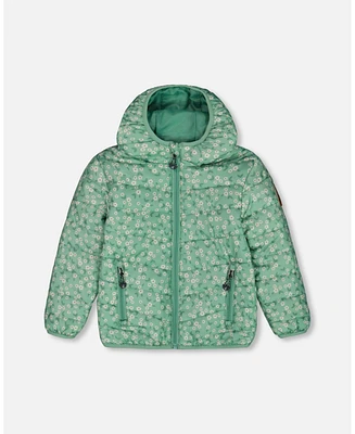 Deux par Toddler Girls Printed Quilted Mid-Season Jacket Small White Flowers On Sage Green Background - Toddler|Child