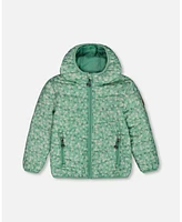 Deux par Toddler Girls Printed Quilted Mid-Season Jacket Small White Flowers On Sage Green Background - Toddler|Child