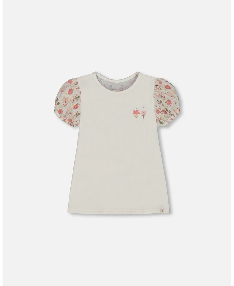 Deux par Toddler Girls Bi-Material Organic Cotton Top With Puff Sleeve Pink Flowers On Cream Background - Toddler|Child