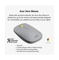 acer Vero 3 Button Mouse | 2.4GHz Wireless | 1200DPI | Made with Post-Consumer Recycled (Pcr) Material | Certified Works with Chromebook | Gray