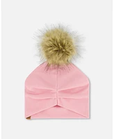 Deux par Girl Solid Jersey Detachable Pompom Hat Pale Pink - Toddler|Child