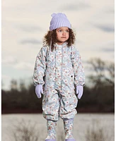 Deux par Baby Girls Printed Mid-Season One-Piece Outerwear With Hat Small White Flowers On Turquoise And Lilac