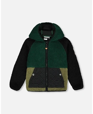 Deux par Baby Boys Sherpa Mid-Season Colorblock Jacket Black, Forest Green, And Olive