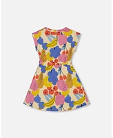 Deux par Big Girls Printed French Terry Dress Fruits On Yellow Background