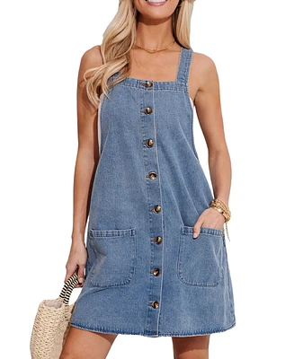 Women's Denim Button Front Overall Mini Beach Dress