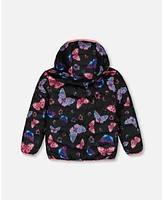 Deux par Big Girls Printed Quilted Mid-Season Jacket Multicolored Butterflies On Black Background