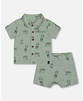 Deux par Deux Baby Boys Printed Muslin Shirt And Short Set Sage Monkey