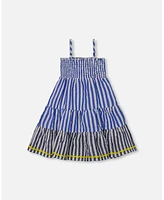 Deux par Big Girls Smocked Seersucker Peasant Dress Blue And White Striped